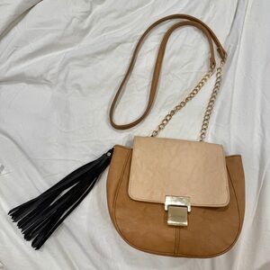 Elegant Tan and Cream Bag With Black Fringe Tassel
